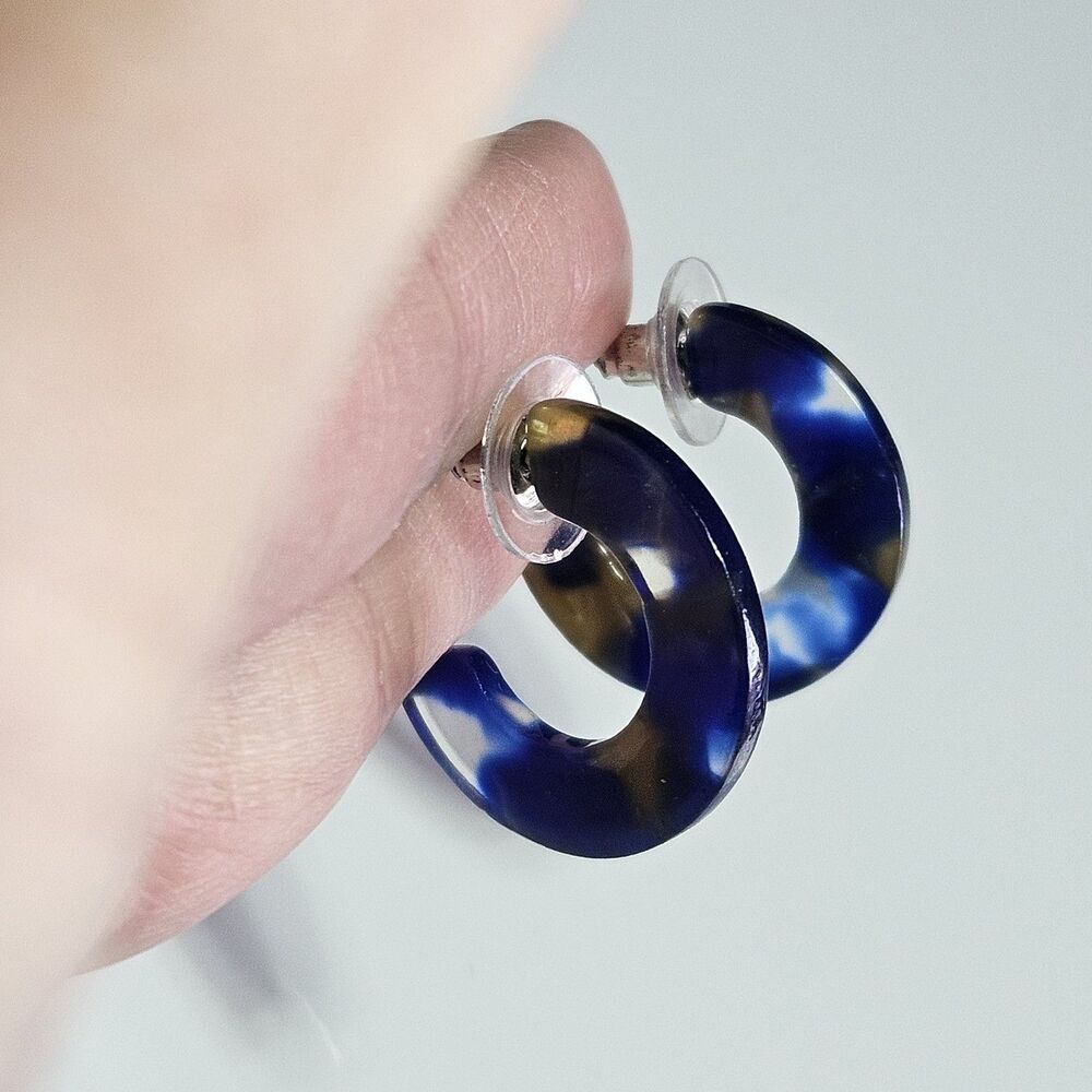 Acetate Blue Clear Tan Swirled Chunky Hoop Earrings